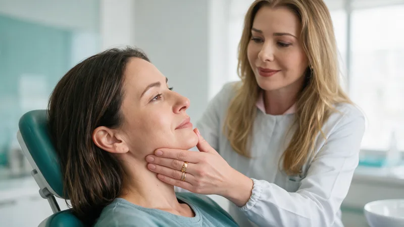 Dra. Ana Claudia Fuso examina o músculo masseter de uma paciente na cadeira do consultório em Maringá