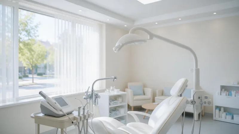 Dra. Ana Claudia Fuso Consultório odontológico claro, com cadeira e aparelho de escaneamento intraoral ao lado da janela