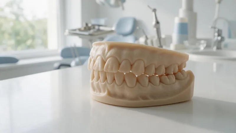 Modelo de resina das arcadas dentárias superior e inferior em contato, sobre a bancada do consultório